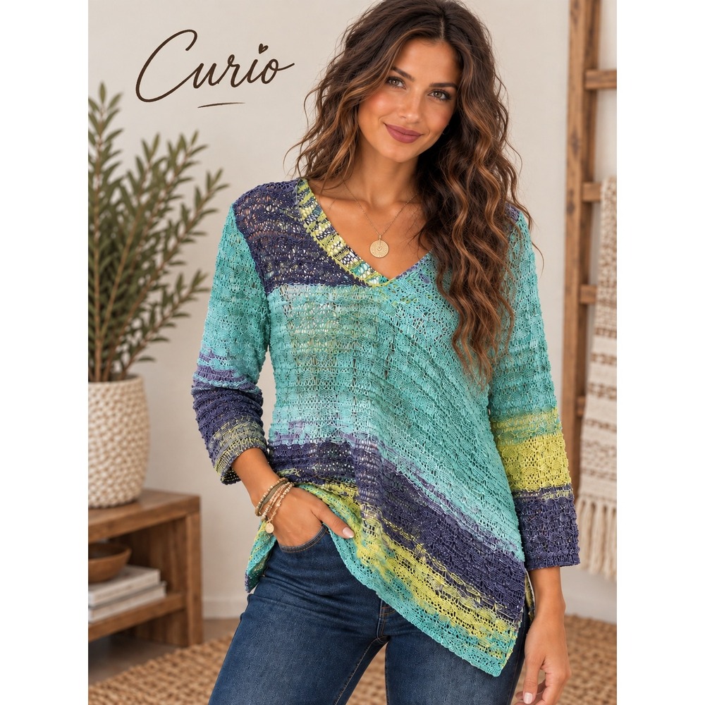 Curio New York Women Medium Blue Green Space Dye Open Knit V-Neck 3/4 Sleeve Top
